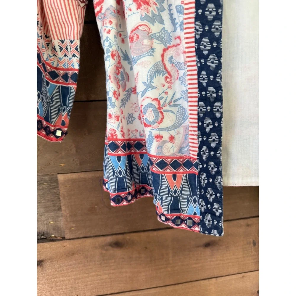 Choices Womens Red Blue Floral Patchwork Open Front Jacket Mirror Trim Size M